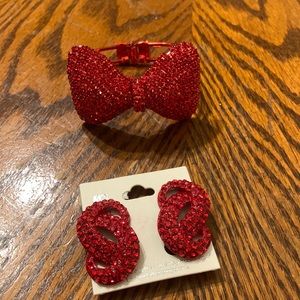 Red clip on rhinestone earrings and red bracelet